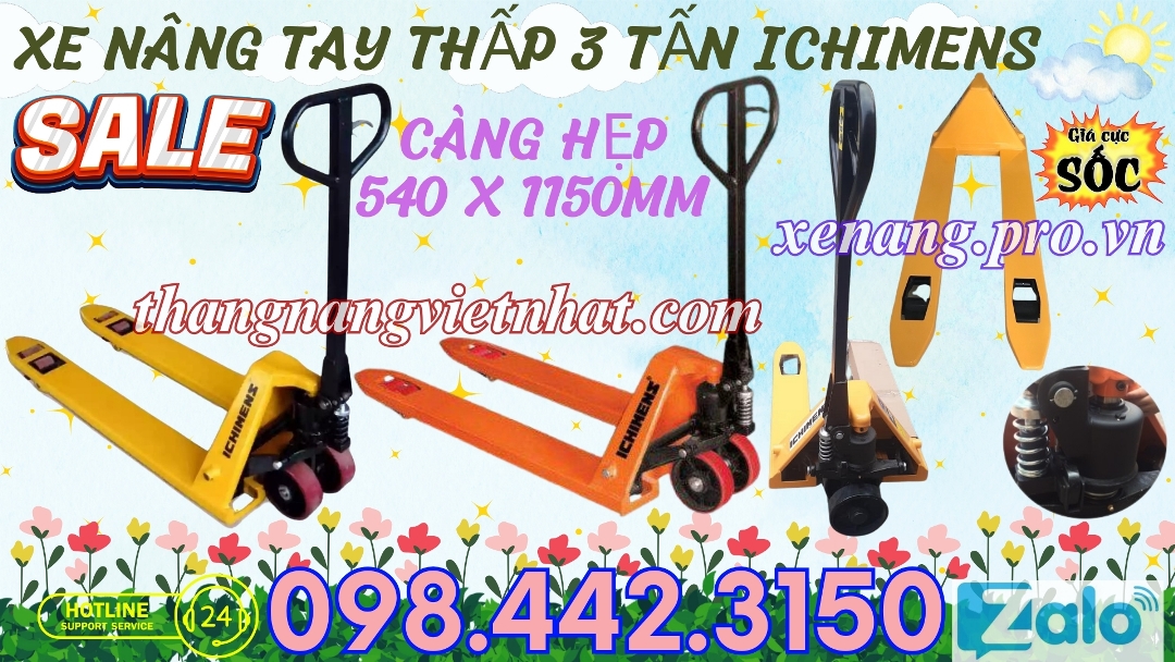 Xe nâng tay thấp 3 tấn ICHIMENS càng hẹp 