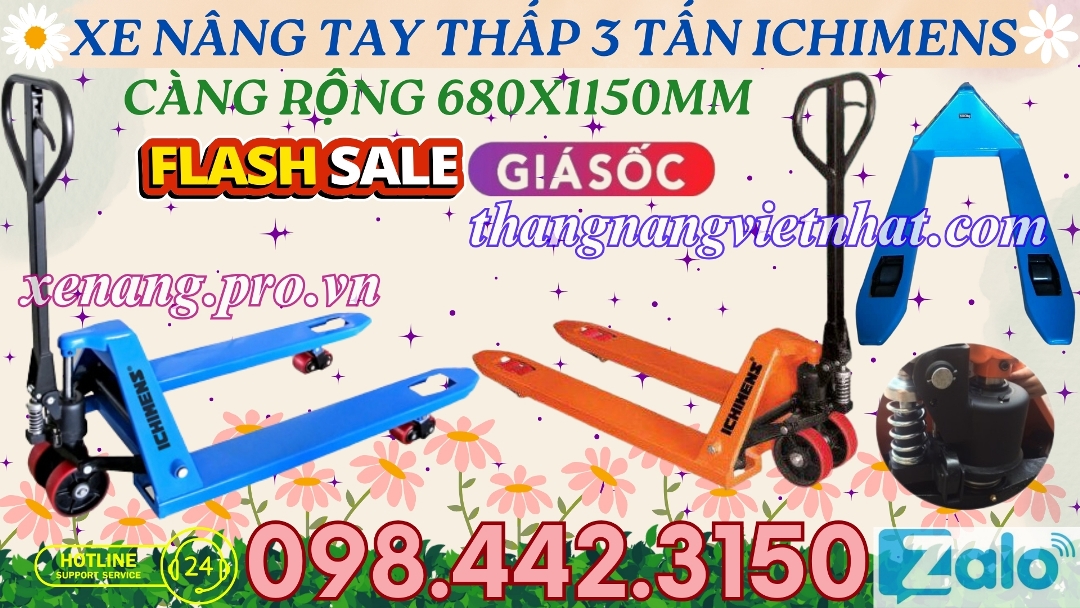 Xe nâng tay thấp 3 tấn ICHIMENS càng rộng 