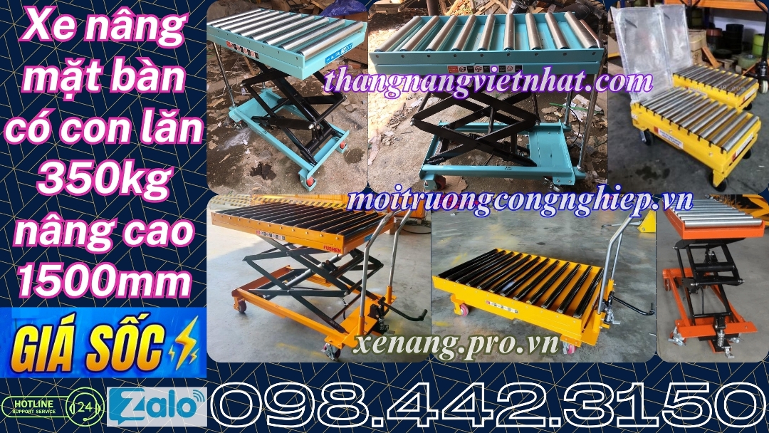 Xe nâng mặt bàn có con lăn 350kg nâng cao 1500mm