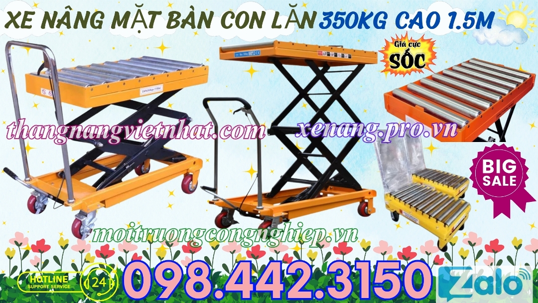 Xe nâng mặt bàn con lăn 350kg cao 1.5m
