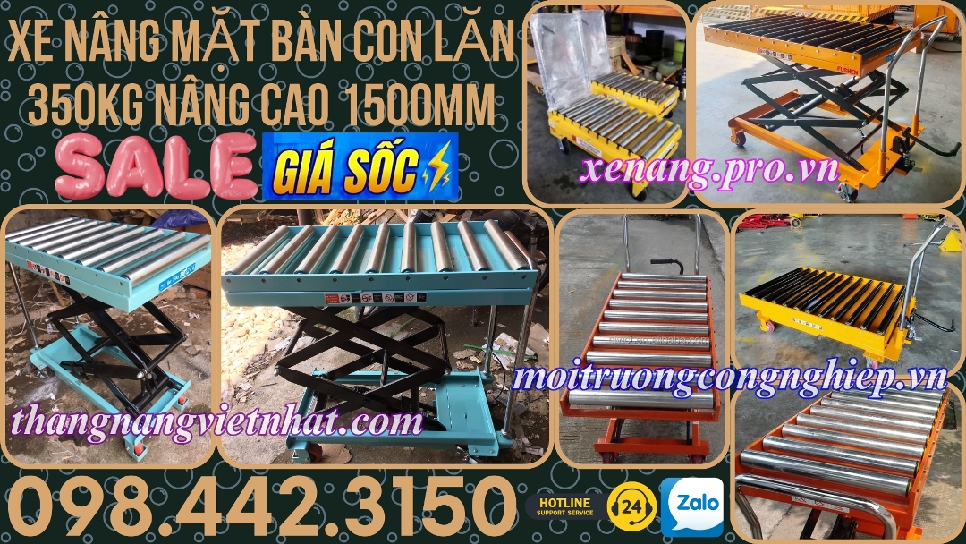 Xe nâng mặt bàn con lăn 350kg nâng cao 1500mm