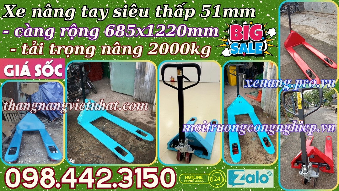 Xe nâng tay siêu thấp 51mm ACL51M càng rộng tải 2 tấn