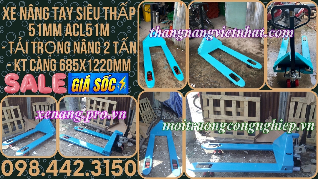 Xe nâng tay siêu thấp 51mm ACL51M tải 2 tấn càng rộng 685x1220mm