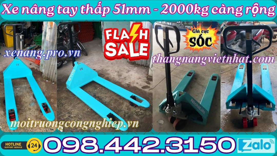 Xe nâng tay siêu thấp 51mm 2000kg càng rộng