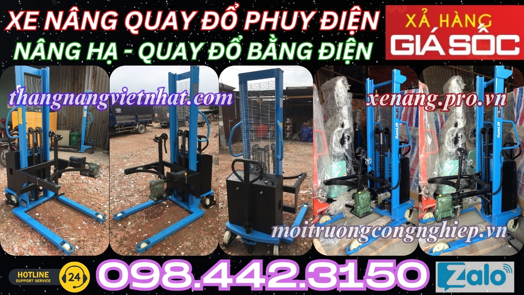 Xe nâng quay đổ phuy bằng điện 500kg nâng cao 1.6m