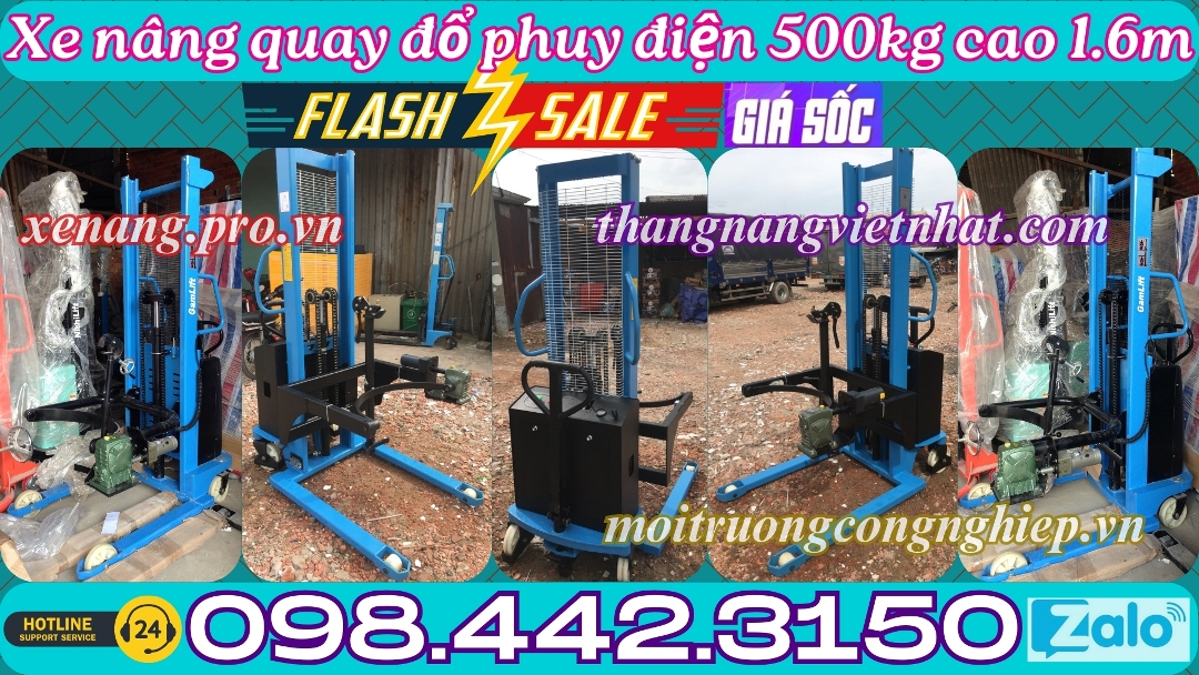 Xe nâng quay đổ phuy điện 500kg nâng 1.6m
