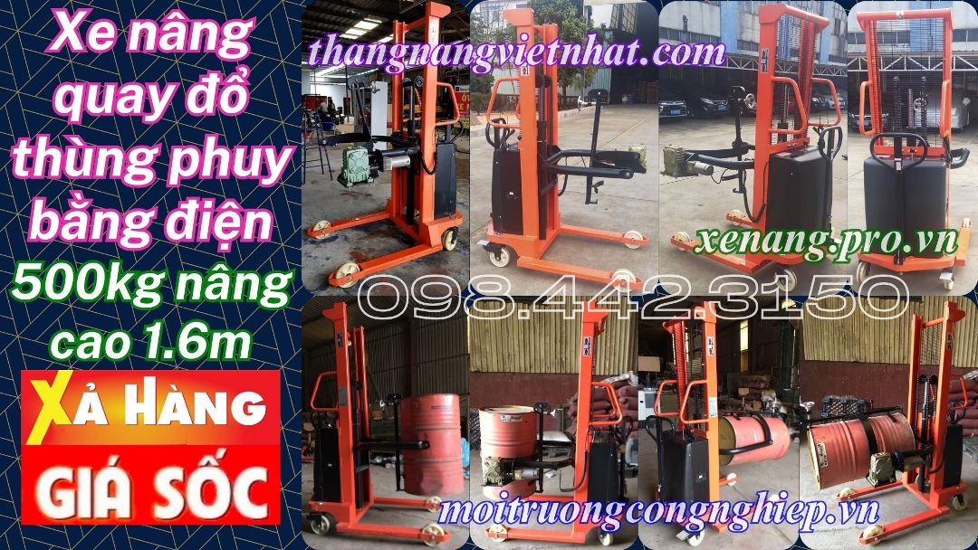 Xe nâng quay đổ thùng phuy bằng điện