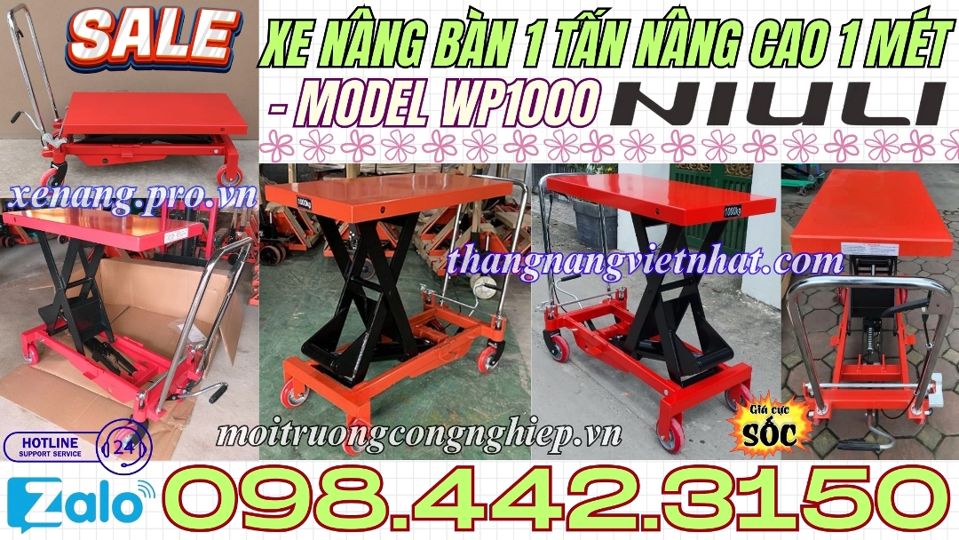 Xe nâng bàn 1 tấn nâng cao 1 mét